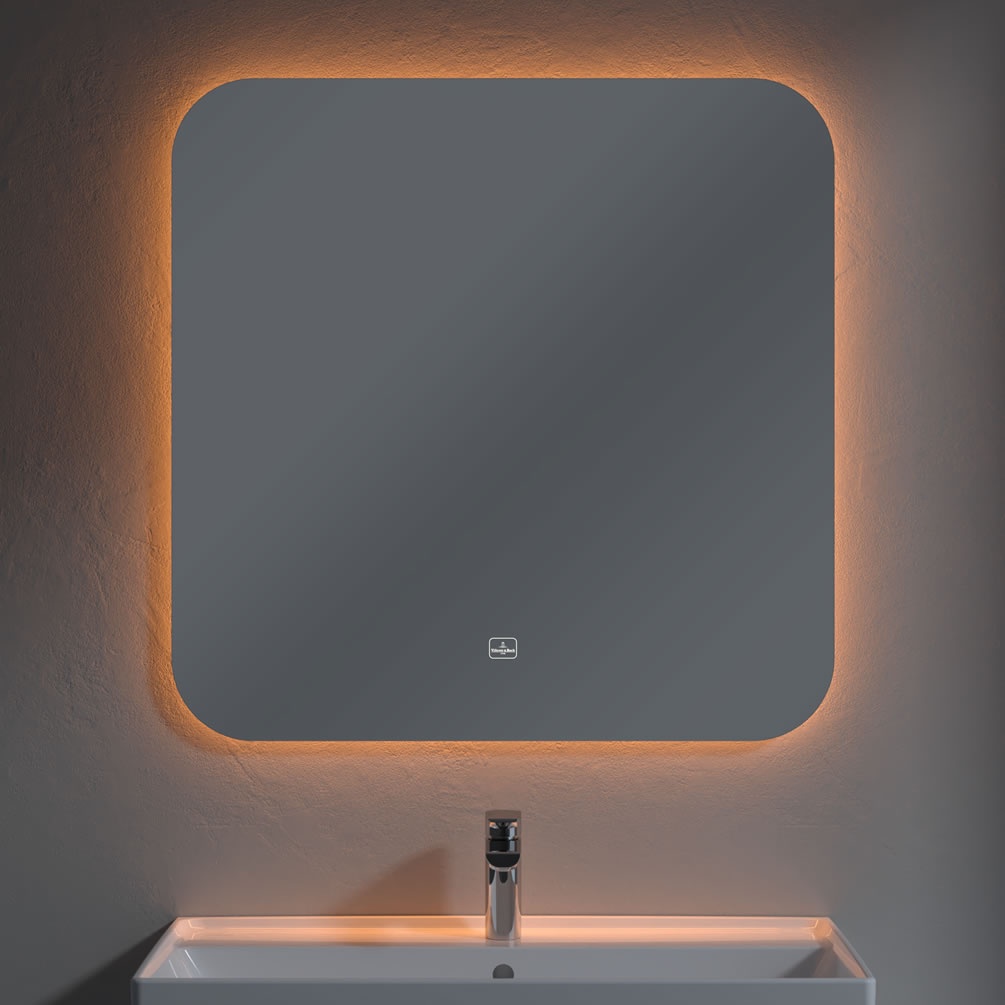 Lifestyle image of Villeroy & Boch More to See Lite 800mm Curved Corner LED Mirror